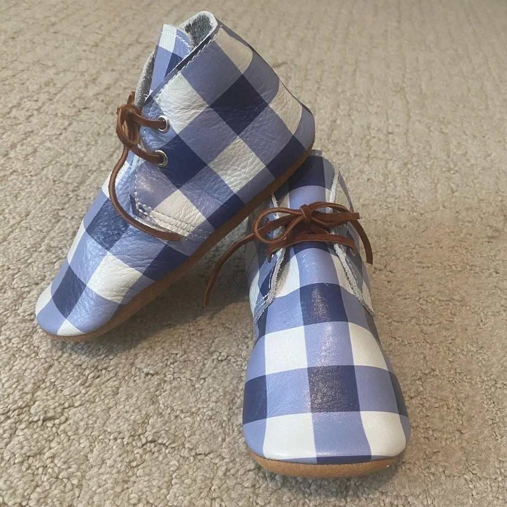 NEW Mon Petit Leather Blue White Checkered Shoes Size 8 Real Leather